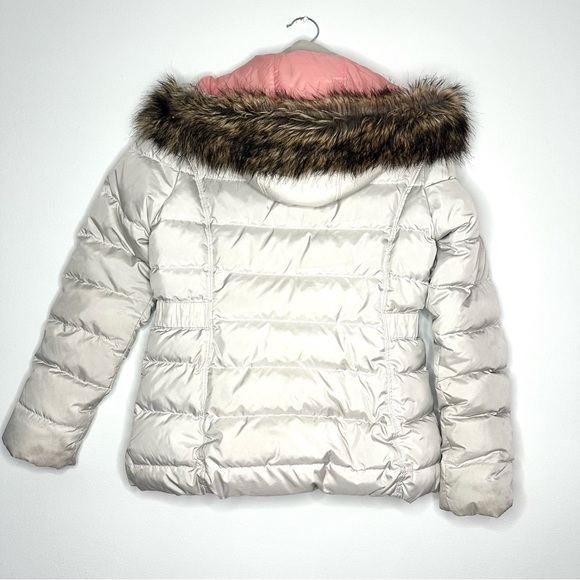 The North Face 550 Down Faux Fur Trim Hood Long Puffer Jacket Pink & Light Gray - Picture 3 of 12